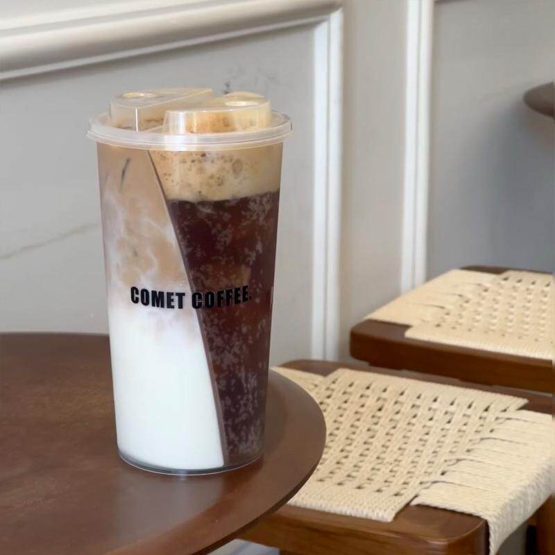 双拼咖啡杯一次性奶茶杯分享杯两种口味杯加厚注塑杯网红同款杯