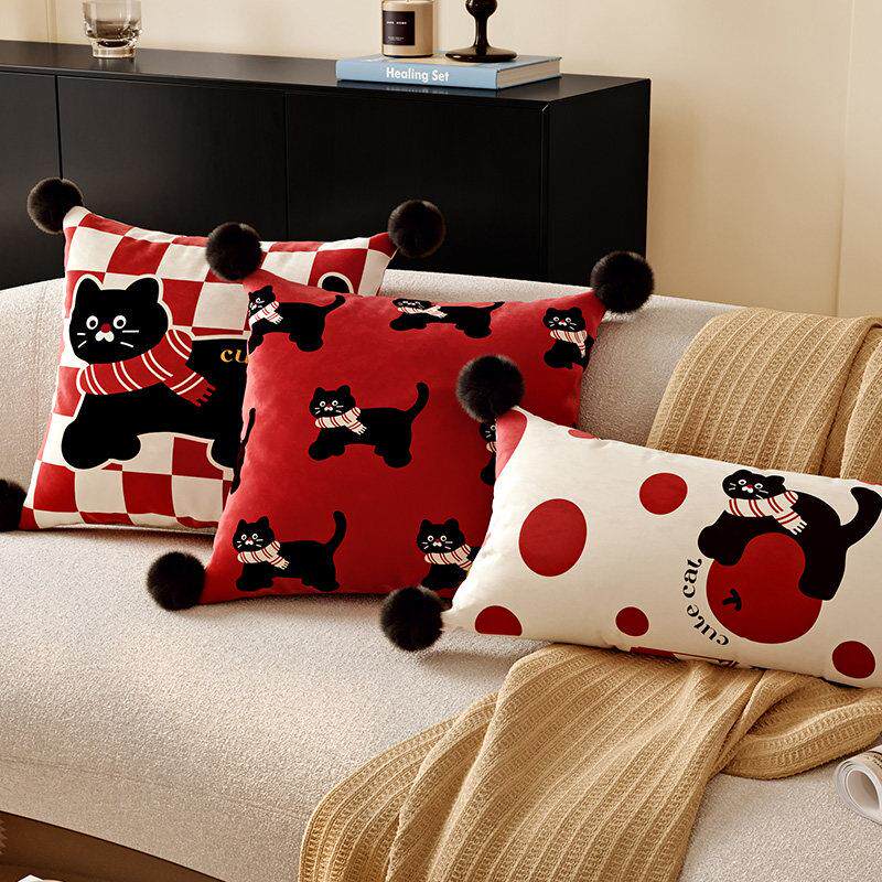 鸿运猫可爱结婚喜庆红色氛围感客厅沙发抱枕车载靠枕套办公室枕头