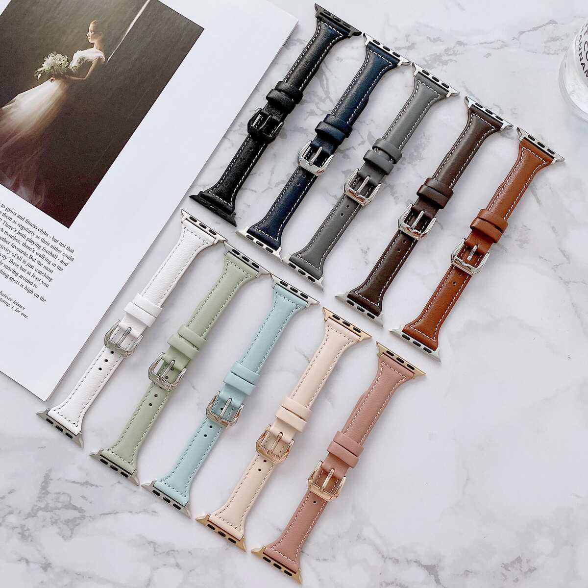 适用苹果7代手表车线平纹真皮小蛮腰表带 Apple Watch se皮质腕带