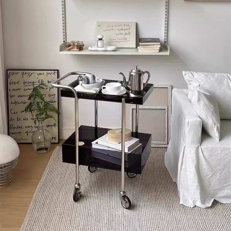 简约轻奢咖啡厅图书绿植家用可移动亚克力收纳置物中古小推车边几