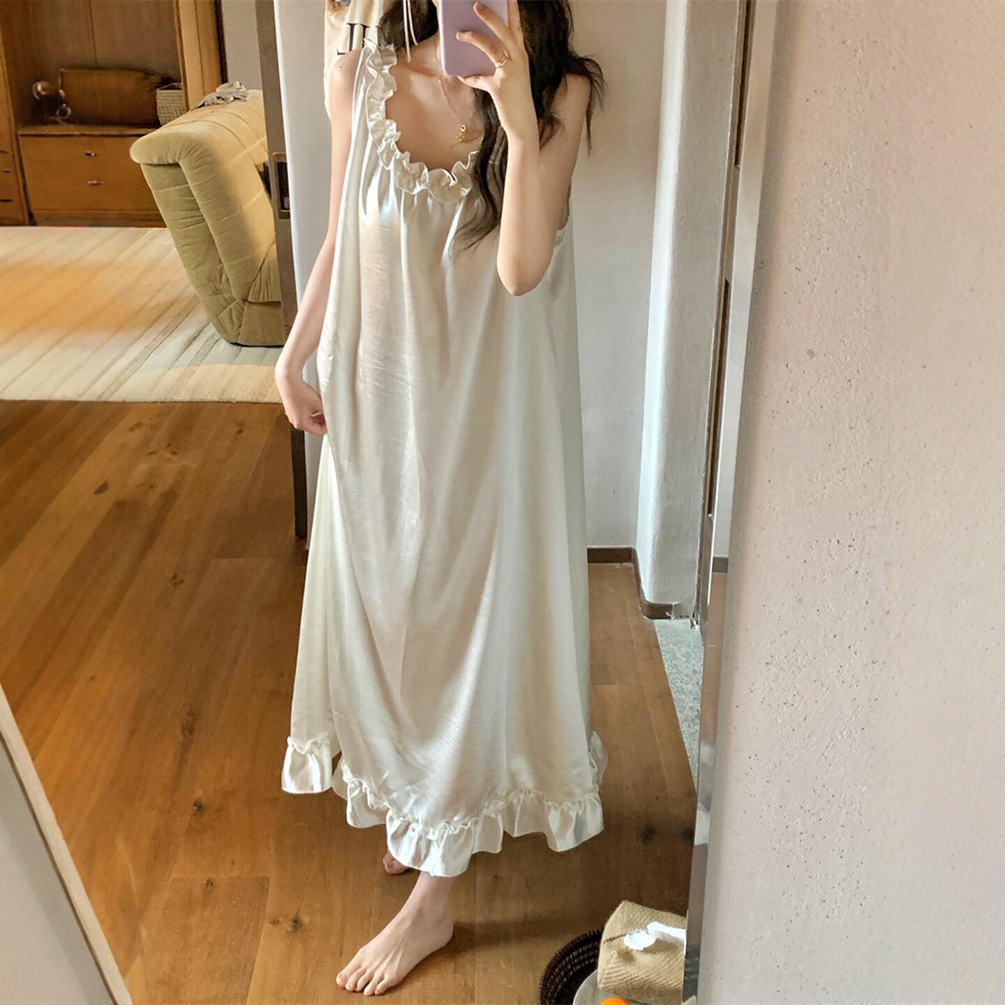 冰丝睡裙女夏季法式浪漫木耳花边鎏金缎面带胸垫无袖连衣裙家居服