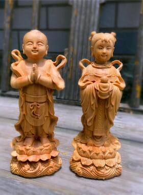 正品木雕童玉小金号家用善财边童子龙女摆件观音身侍者 佛像女 黄