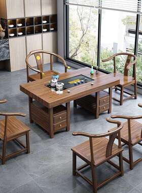 实木大板茶组桌椅新中式夫泡茶台办公室原木茶几茶具功RZF套合装