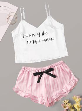 V-neck printed bra suspender pajamas 女式V领印花文胸吊带睡衣