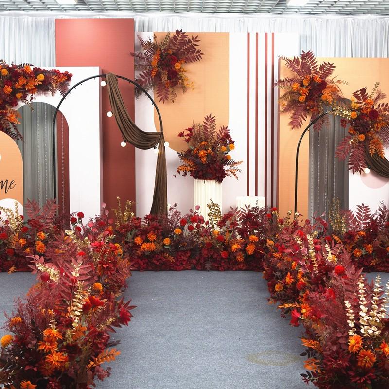 新中式红色婚礼布置花艺道具婚庆背景墙迎宾区装饰路引花角花排花