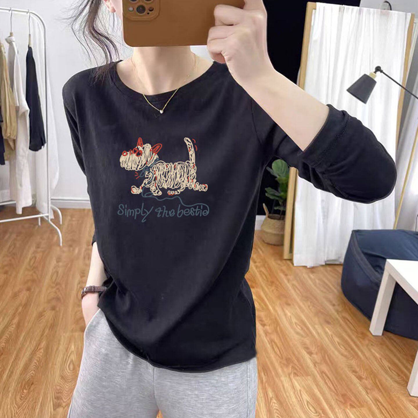 韩国春季圆领雪花棉长袖t恤女薄款时尚休闲经典黑色上衣防晒外穿