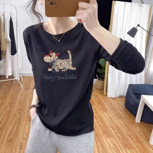 韩国春季圆领雪花棉长袖t恤女薄款时尚休闲经典黑色上衣防晒外穿