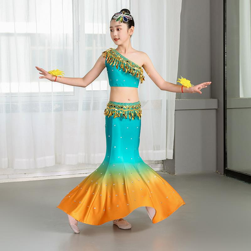 正品型儿童傣族舞尾蹈表新演服、女童傣族孔雀舞盖臀鱼裙、儿童高