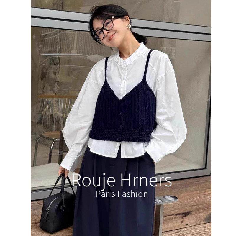法国rouje hrners法式穿搭白色衬衫吊带背心两件套女设计上衣套装