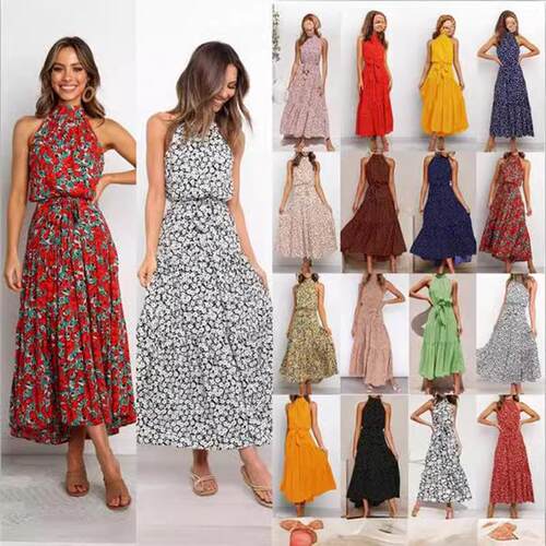 Hanging neck polka dot printed lace up dress, long