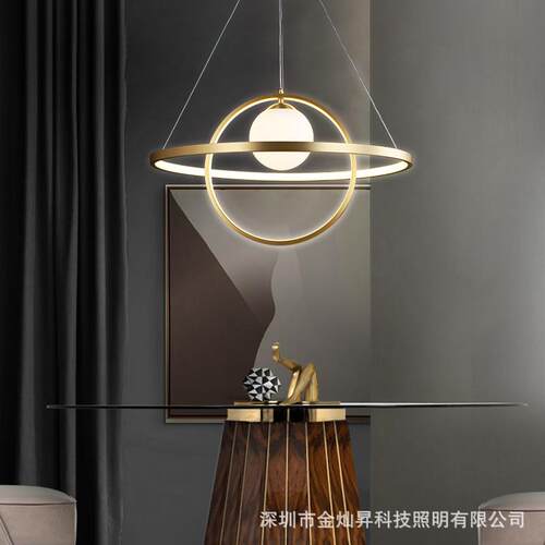 现代全铜吊灯简约餐厅咖啡吧台灯轻奢设计师LED圆环三色光LED灯