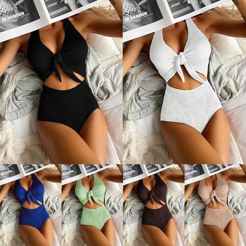Womens Solid Textured Cut Out Knotted Backless One-Piece