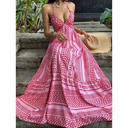 Women Geometric Print Spaghetti Strap Dress Casual Summer