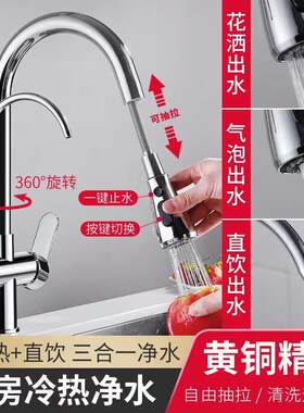 新款直销全铜黑色三合一纯净水器冷热水龙头 厨房抽拉直饮水洗菜