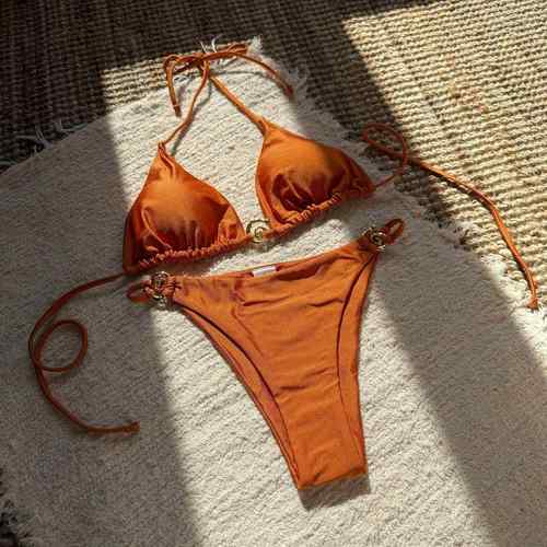 女士三角性感系带金属圆环bikini泳衣辣妹沙滩海边小清新比基尼