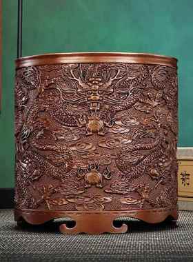 铜欣祥紫铜九龙笔筒文房用品书房家居摆件商务礼品浮雕笔筒