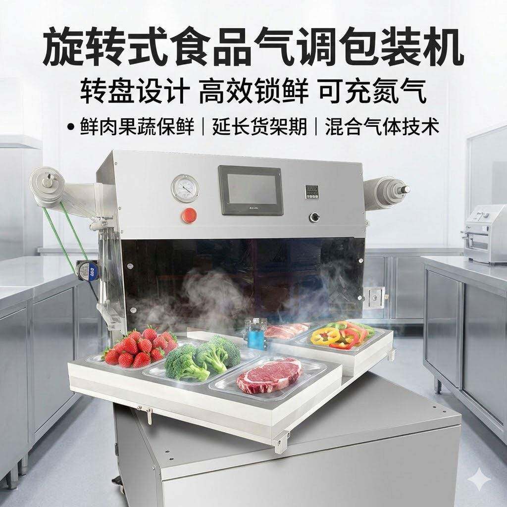 全动转自盘鲜式蔬果气调包装机 盒熟食真空封口机 肉装保鲜包装机