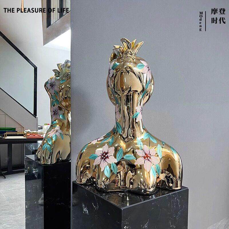 客厅半身抽象树脂人物雕塑样板间展厅彩绘人像半手工花季少女摆件