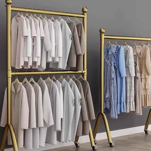 简约服装展示架金色双层多层童装挂衣架落地女装婚纱挂架移动带轮