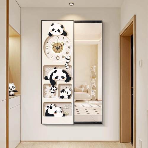 奶油风推拉隐藏式全身镜子装饰画带钟表衣帽间隐形穿衣镜挂墙熊猫