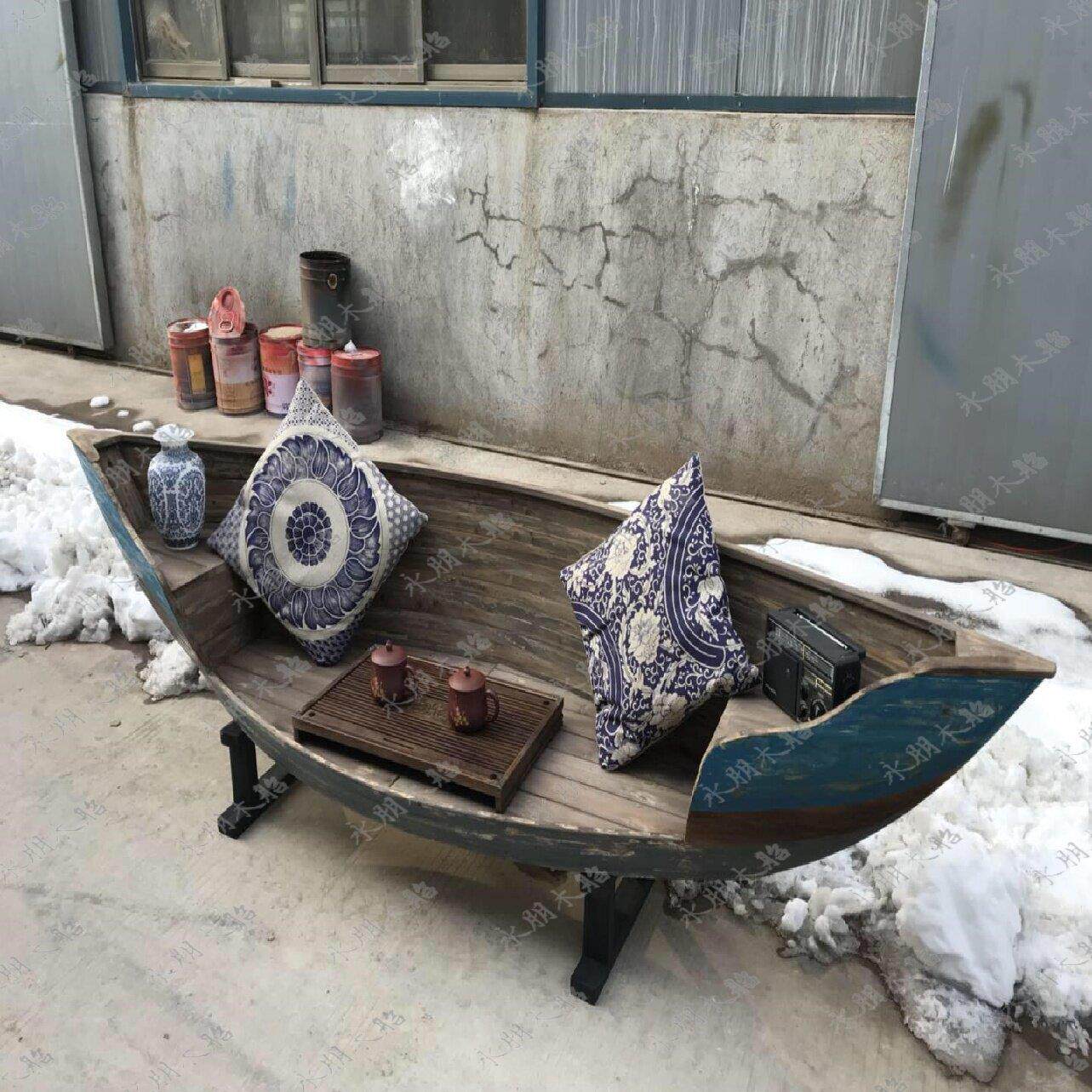 欧式木船 实木沙发船 仿古做旧船装饰摆件 木船摄影道具船 种花船