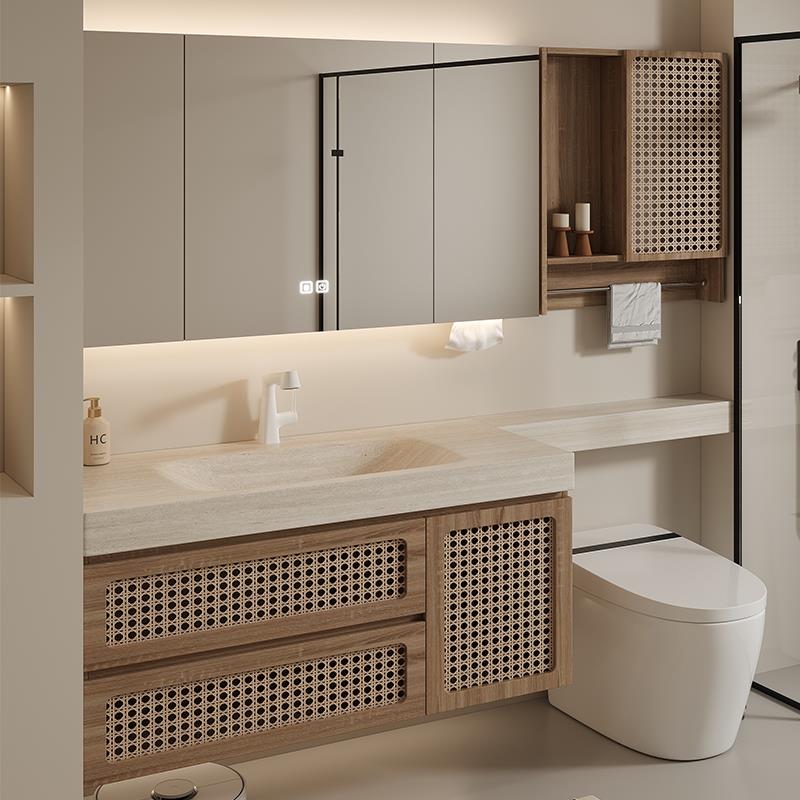 侘寂风复古藤编浴室柜组合热弯一体盆卫生间洗脸洗漱台洗手盆组合