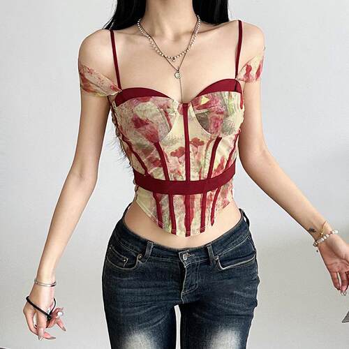 Women's off shoulder slim shoulder strap mesh printed