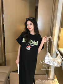 amum孕妇装美式复古字母卡通，连衣裙女2024夏宽松(夏宽松)纯棉短袖t恤