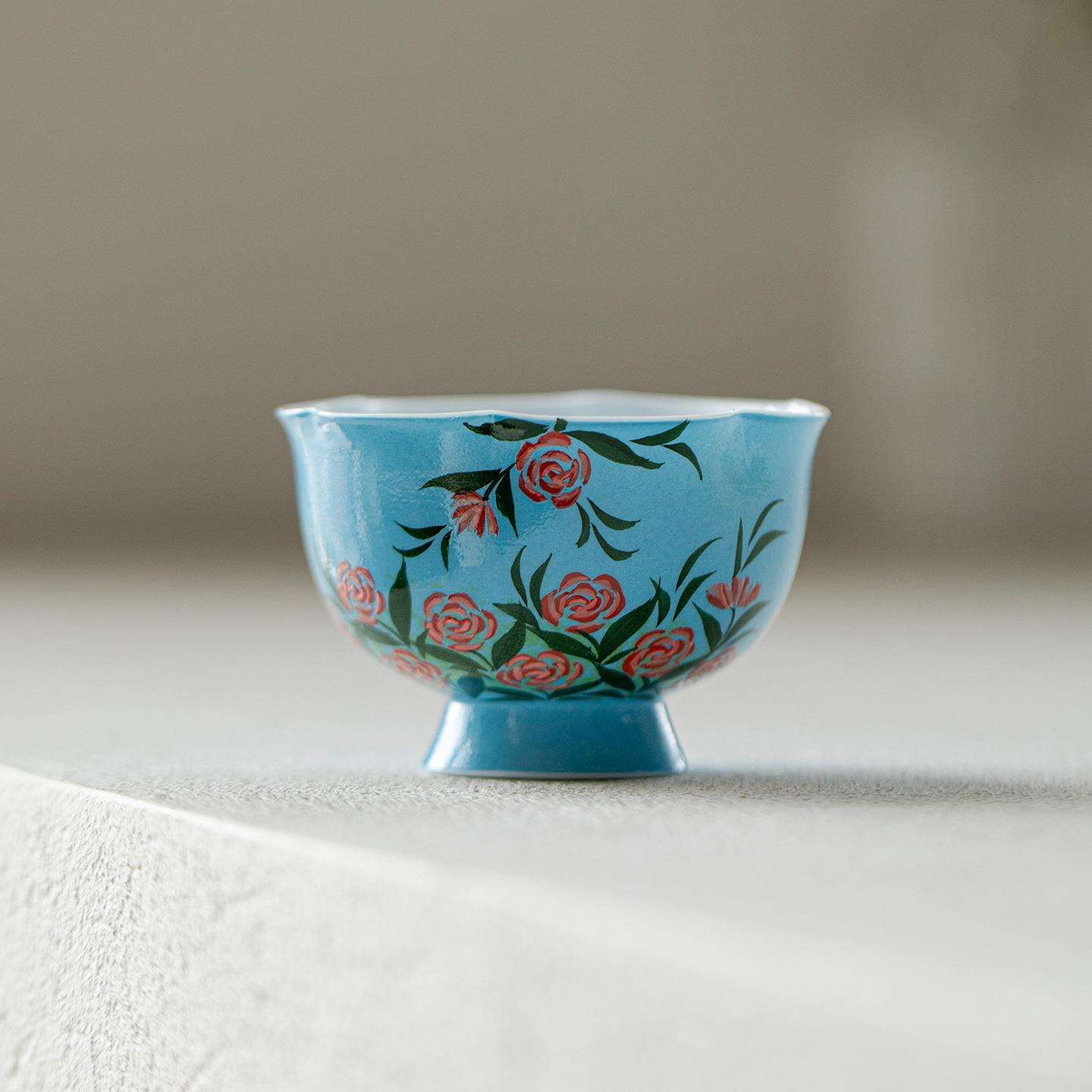 墨己油画风玫瑰花高颜值手绘陶瓷主人杯家用高足花口茶杯品茗杯