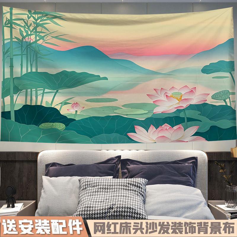 新中式复古荷花莲花背景布挂布客厅挂画宿舍卧室墙上装饰墙布挂毯