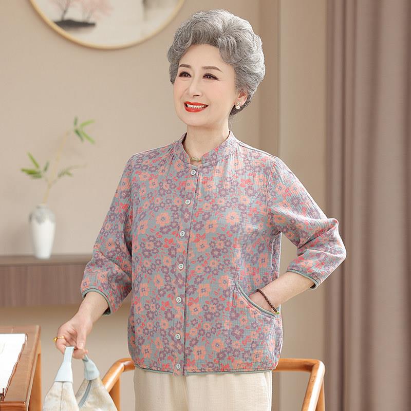 100%纯棉衬衫女中老年妈妈装春夏衬衫服套装60岁70奶奶七分袖上衣