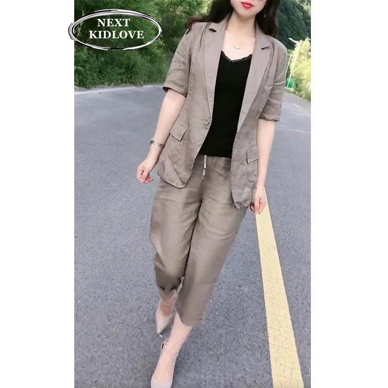 香港大码轻熟风高级感短袖西装套装女2025春夏新款七分裤两件套潮