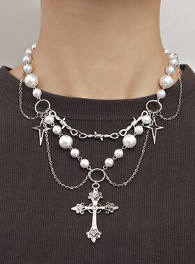 Design a pearl tassel cross star cross necklace 十字架项链