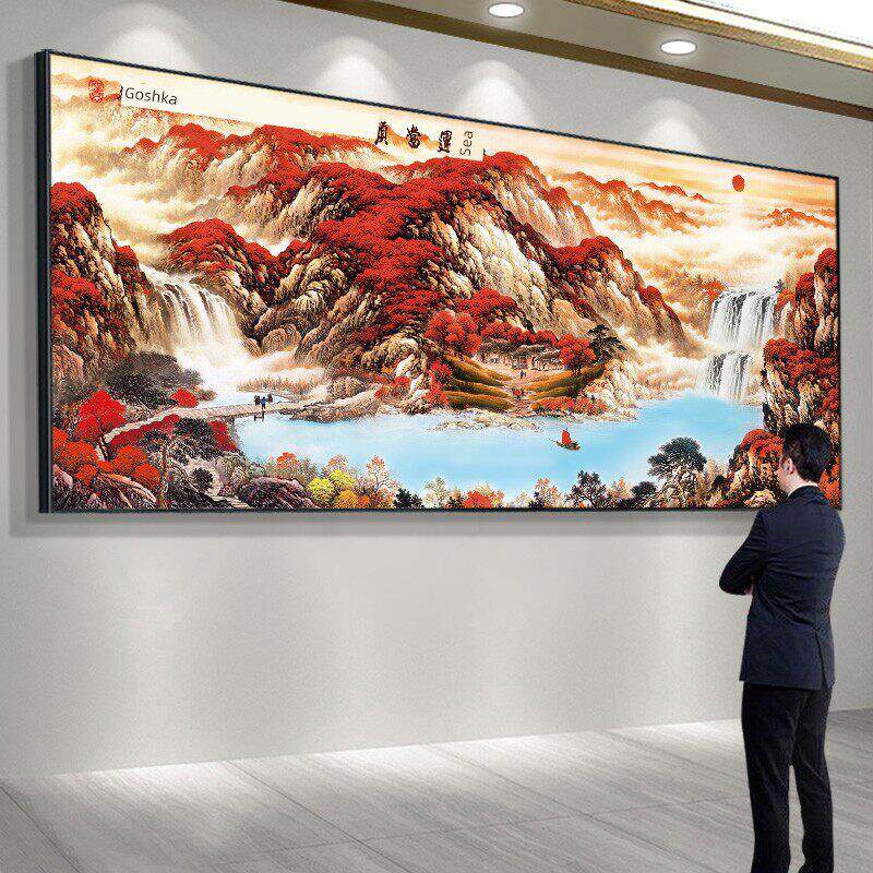 鸿运当头国画山水挂画办公室装饰风景壁画靠山图客厅聚宝盆装饰画