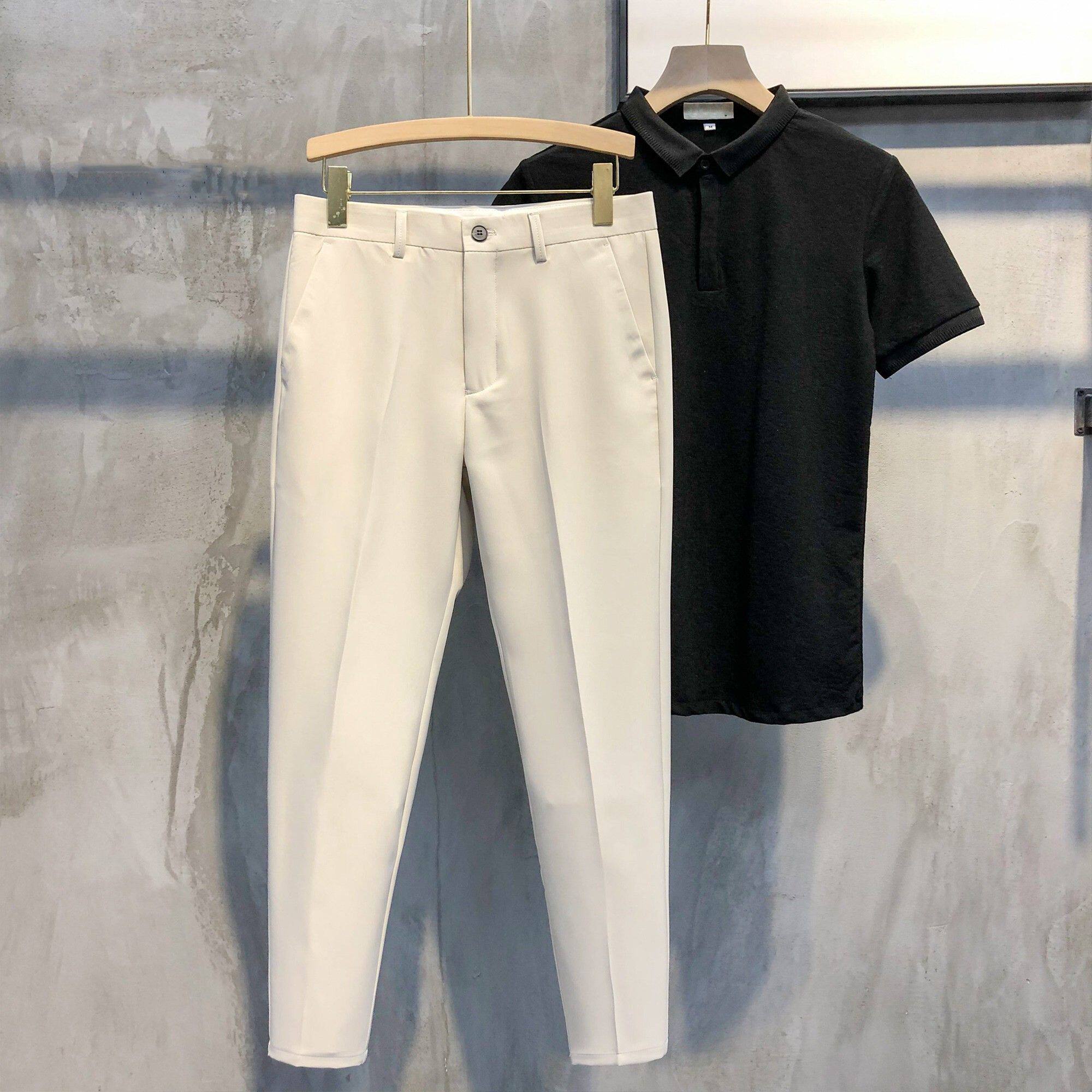 MUSONMU夏季冰丝薄款锥形九分西裤男士免熨烫西装裤修身小脚休闲