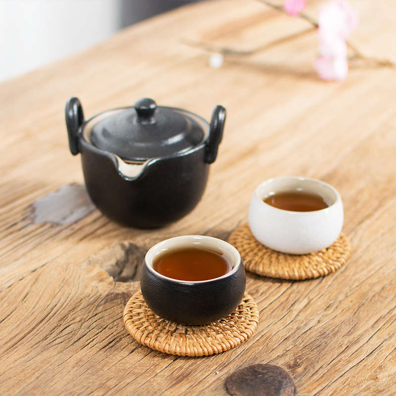 禅风黑白一壶两杯 黑陶手抓泡茶壶茶杯功夫茶具带干泡盘办公礼品