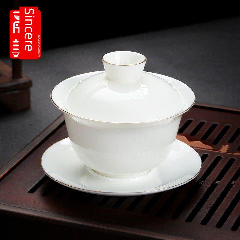 景德镇汝窑羊脂玉盖碗茶杯陶瓷单个高端大号泡茶功夫三才碗德化白