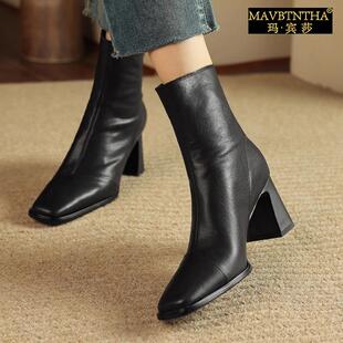 玛宾莎新款真皮女士复古方头高跟短靴粗跟时装靴简约中筒靴子裸靴