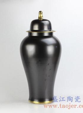 颜色釉哑光黑色乌金描金边将军罐花瓶家居艺术陶瓷罐