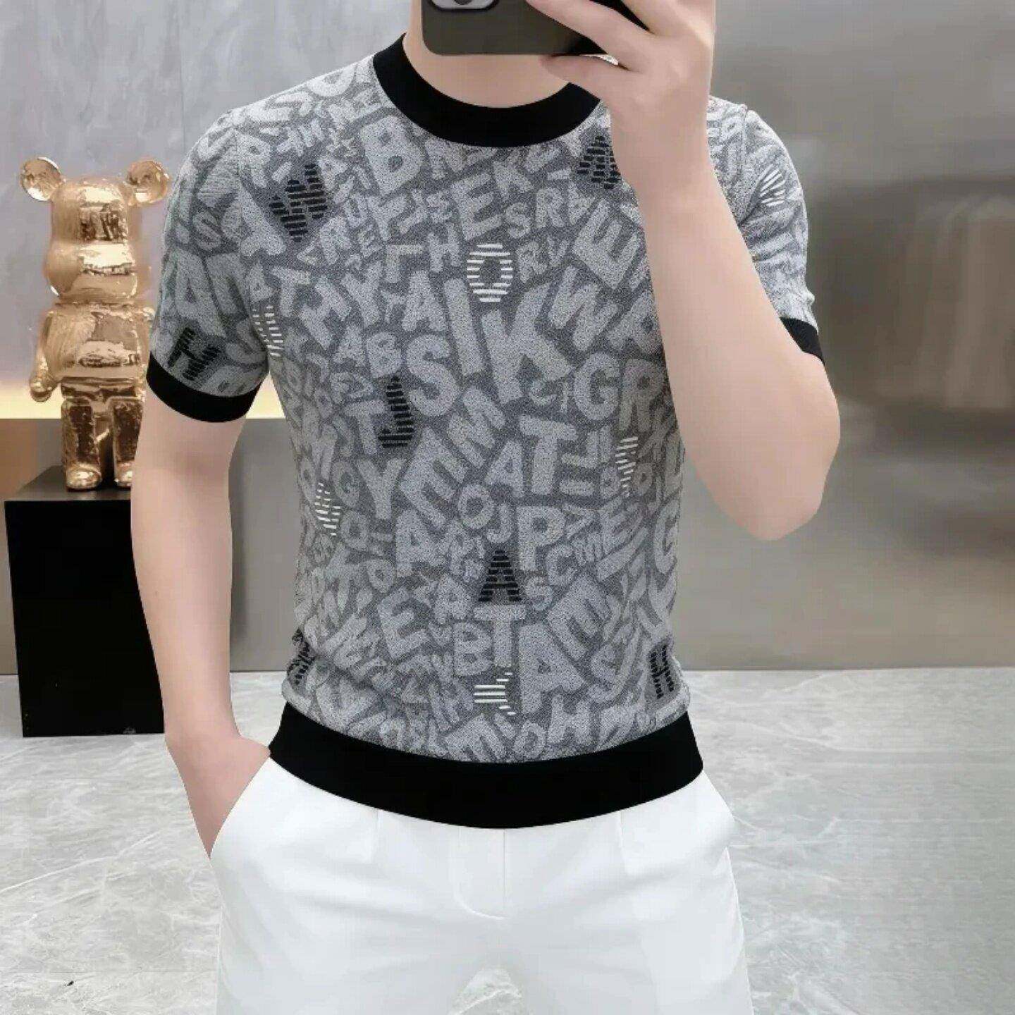 高品质男士短袖t恤夏季潮流薄款高端字母提花冰丝修身圆领半袖潮