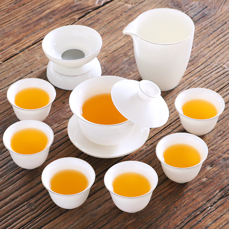 羊脂玉功夫茶具套装家用客厅办公泡茶壶陶瓷悬停盖碗茶杯白瓷高档