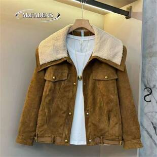 香港英伦风轻奢气质上衣胖MM冬款大码女装大毛领拼接休闲短款外套