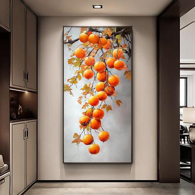《万柿顺利》大芬村油画玄关装饰画柿柿如意中式手绘入户过道挂画