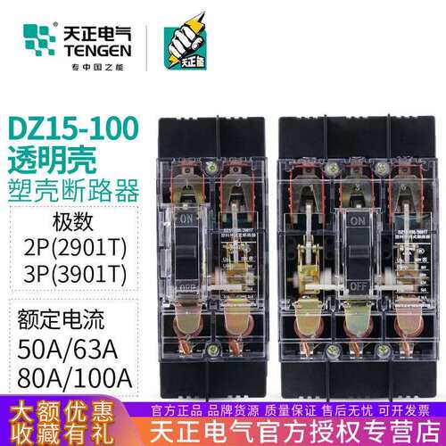 TENGEN天正电气DZ15-100/3901T 2901T透明外壳开关断路器100A 63A