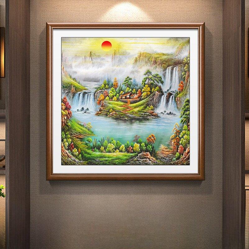 聚宝盆山水画八方聚财客厅斗方招财挂画入户玄关画办公室背有靠山