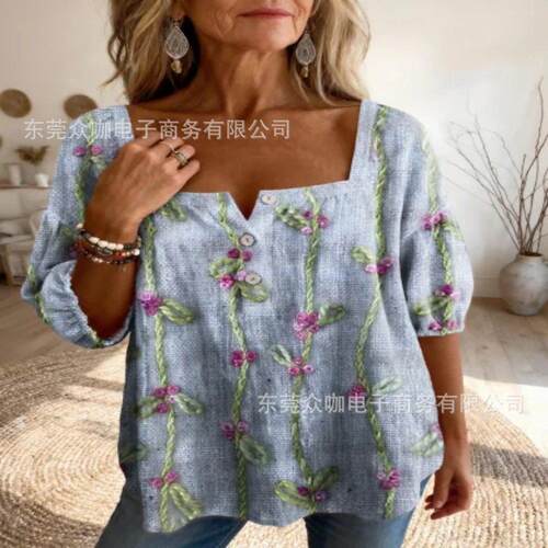 Floral print round neck mid sleeve round neck top
