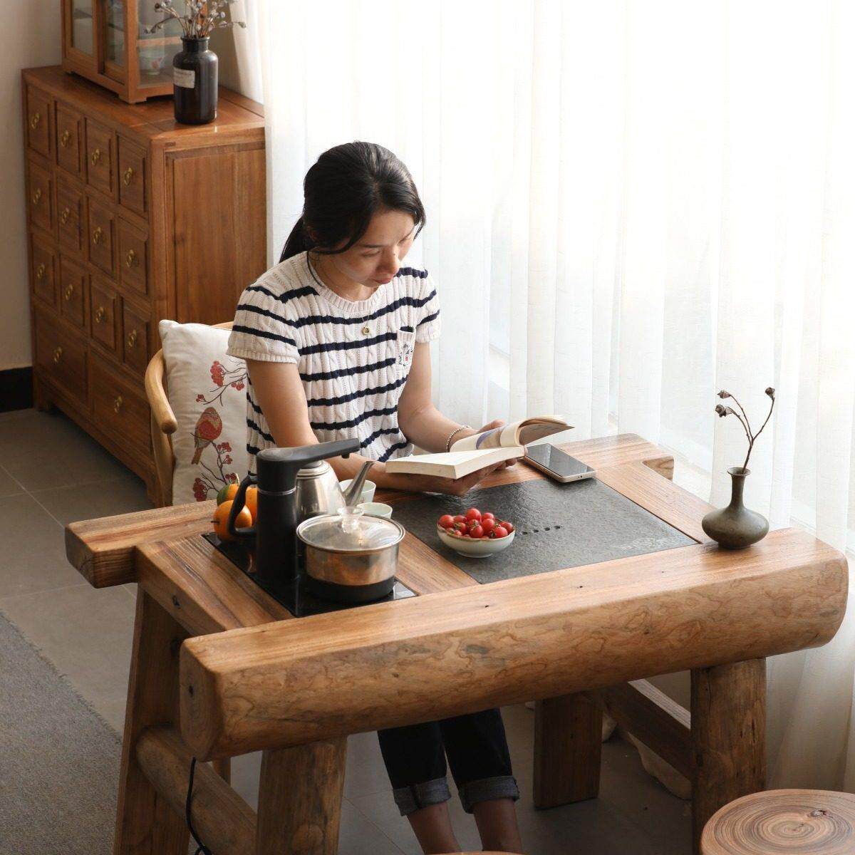 阳台家用香樟木一体茶桌客厅小户型侘寂风个性全实木茶台套装组合