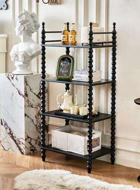 法式复古风全实木置物架多层收纳原木中古黑色客厅靠墙落地书架