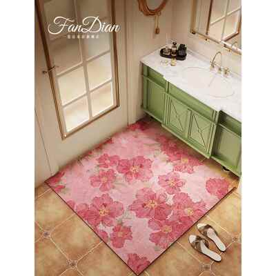 美式正方形浴室门口地垫洗手台硅藻泥吸水垫粉色芍药厕所防滑地毯