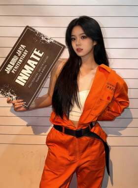 美式cos囚犯服情侣服装大码衣服桔橙色cosplay制服套装万圣节穿搭